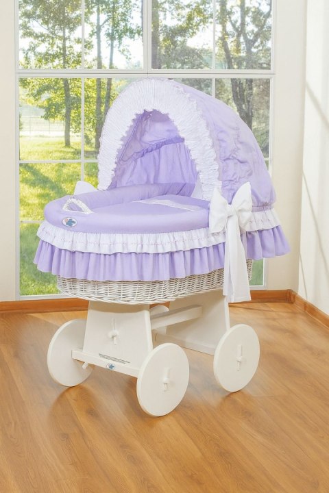 Wiklinowy kosz Mojżesza ze składaną budką Bellamy - biały + fioletowa pościel