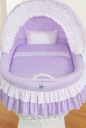 Wiklinowy kosz Mojżesza ze składaną budką Bellamy - biały + fioletowa pościel