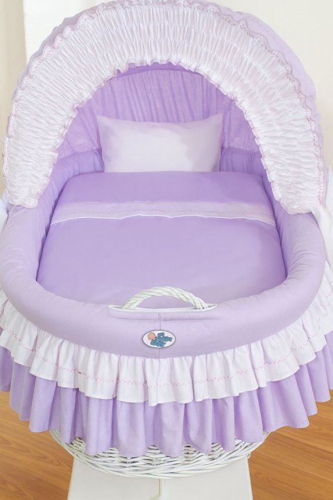 Wiklinowy kosz Mojżesza ze składaną budką Bellamy - biały + fioletowa pościel