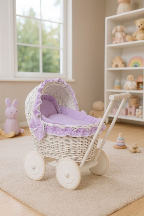 Wiklinowy wózek dla lalek pchacz biały z fioletową pościelką i miękką wyściółką CHIARA