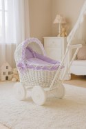Wiklinowy wózek dla lalek pchacz biały z fioletową pościelką i miękką wyściółką CHIARA