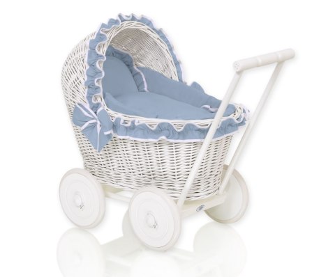 Wiklinowy wózek dla lalek pchacz biały z pościelką brudny niebieski i miękką wyściółką CHIARA