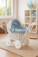 Wiklinowy wózek dla lalek pchacz biały z pościelką brudny niebieski i miękką wyściółką STELLA