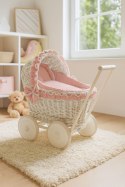 Wiklinowy wózek dla lalek pchacz biały z pościelką brudny róż i miękką wyściółką CHIARA