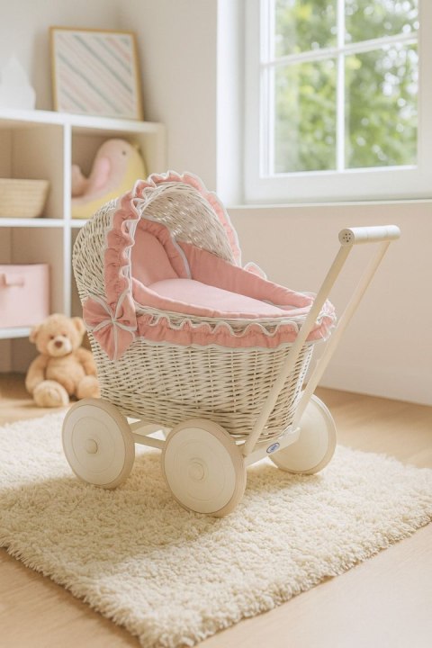 Wiklinowy wózek dla lalek pchacz biały z pościelką brudny róż i miękką wyściółką CHIARA