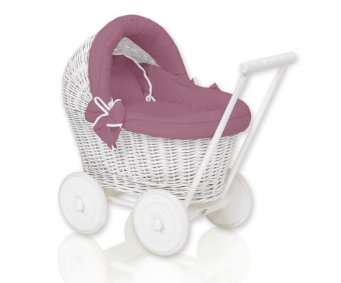 Wiklinowy wózek dla lalek pchacz biały z pościelką róż retro i miękką wyściółką STELLA