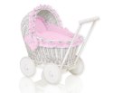 Wiklinowy wózek dla lalek pchacz biały z różową pościelką i miękką wyściółką CHIARA