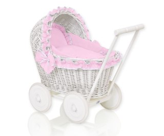 Wiklinowy wózek dla lalek pchacz biały z różową pościelką i miękką wyściółką CHIARA