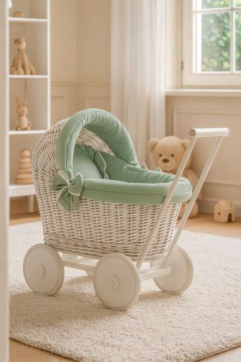 Wiklinowy wózek dla lalek pchacz biały z szałwiową pościelką i miękką wyściółką STELLA