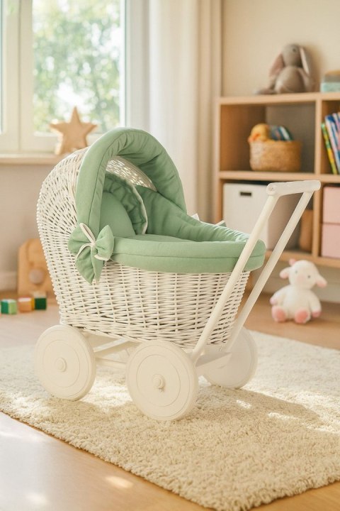 Wiklinowy wózek dla lalek pchacz biały z szałwiową pościelką i miękką wyściółką STELLA
