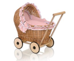 Wiklinowy wózek dla lalek pchacz z pościelką brudny róż i miękką wyściółką CHIARA - naturalny