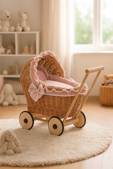 Wiklinowy wózek dla lalek pchacz z pościelką brudny róż i miękką wyściółką CHIARA - naturalny