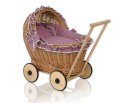 Wiklinowy wózek dla lalek pchacz z pościelką róż retro i miękką wyściółką CHIARA - naturalny