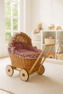 Wiklinowy wózek dla lalek pchacz z pościelką róż retro i miękką wyściółką CHIARA - naturalny