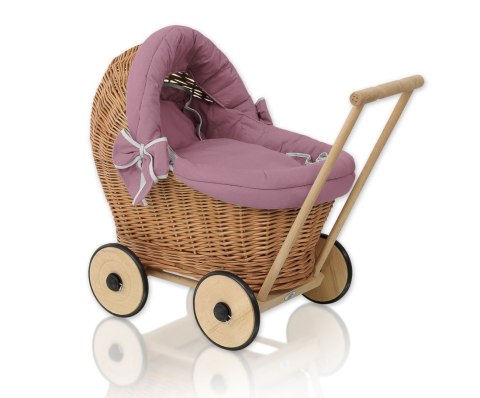 Wiklinowy wózek dla lalek pchacz z pościelką róż retro i miękką wyściółką STELLA - naturalny