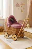Wiklinowy wózek dla lalek pchacz z pościelką róż retro i miękką wyściółką STELLA - naturalny