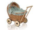 Wiklinowy wózek dla lalek pchacz z szałwiową pościelką i miękką wyściółką CHIARA - naturalny