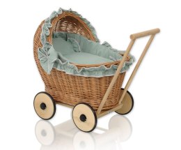 Wiklinowy wózek dla lalek pchacz z szałwiową pościelką i miękką wyściółką CHIARA - naturalny