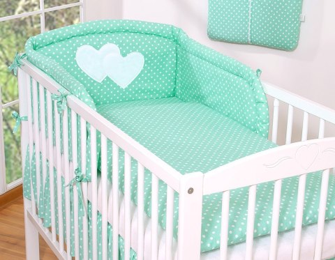 Pościel 2-cz 120x90 - Wiszące serduszka białe grochy na mięcie