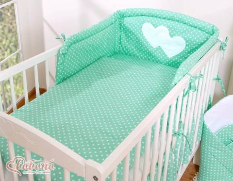 Pościel 2-cz 120x90 - Wiszące serduszka białe grochy na mięcie