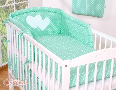 Pościel 2-cz 120x90 - Wiszące serduszka białe grochy na mięcie