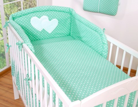 Pościel 2-cz 120x90 - Wiszące serduszka białe grochy na mięcie