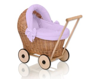 Wiklinowy wózek dla lalek pchacz z fioletową pościelką i miękką wyściółką STELLA - naturalny