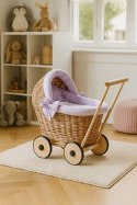 Wiklinowy wózek dla lalek pchacz z fioletową pościelką i miękką wyściółką STELLA - naturalny