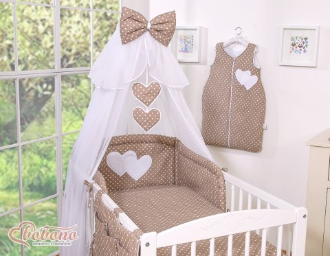 Duża moskitiera do łóżeczka dziecięcego z białego szyfonu z serduszkami i kokardą - grochy na brązie