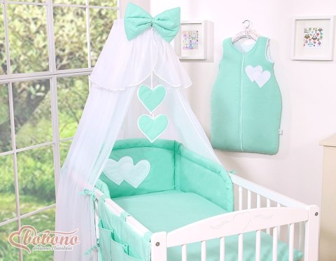 Duża moskitiera do łóżeczka dziecięcego z białego szyfonu z serduszkami i kokardką - miętowe