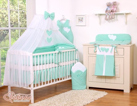 Duża moskitiera do łóżeczka dziecięcego z białego szyfonu z serduszkami i kokardką - miętowe