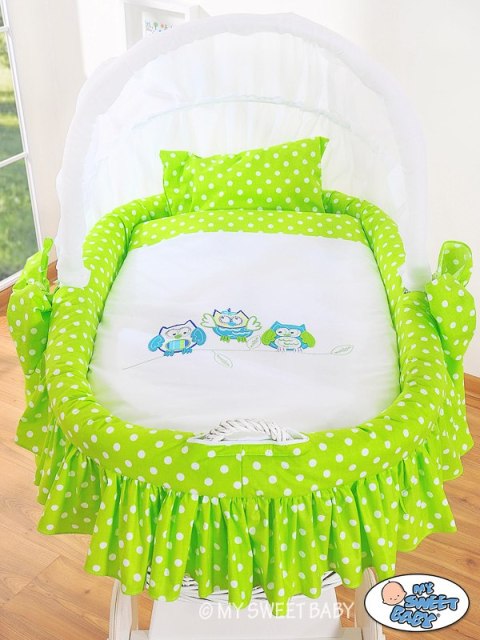 Kosz Mojżesza z budką- Sówki biały + zielono-biała pościel z haftem