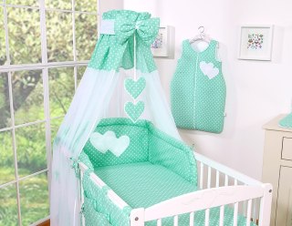 Pościel 5-cz 120x90 - Serduszka białe grochy na mięcie