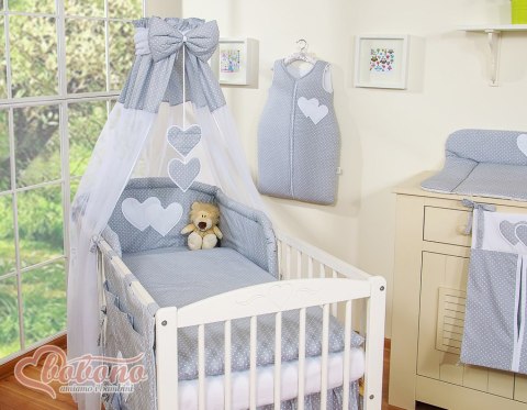 Pościel 5-cz 120x90 z baldachimem - Wiszące Serduszka kropki na szarym