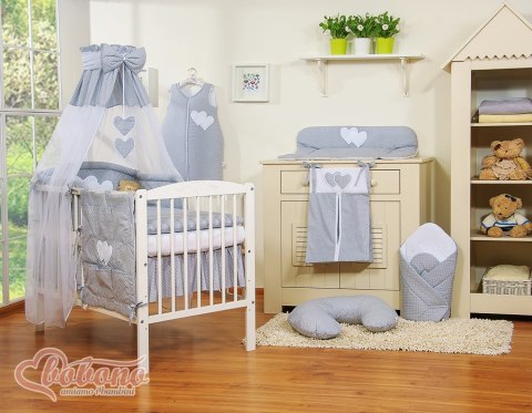 Pościel 5-cz 120x90 z baldachimem - Wiszące Serduszka kropki na szarym