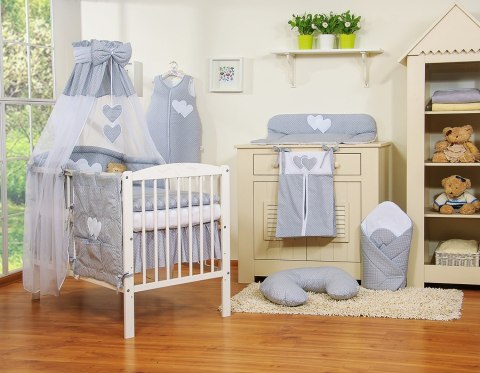 Pościel 5-cz 120x90 z baldachimem - Wiszące Serduszka kropki na szarym