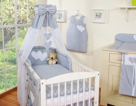 Pościel 5-cz 120x90 z baldachimem - Wiszące Serduszka kropki na szarym