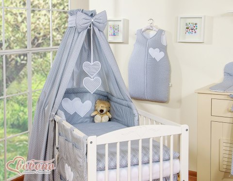 Pościel 5-cz 120x90 z baldachimem - Wiszące Serduszka kropki na szarym