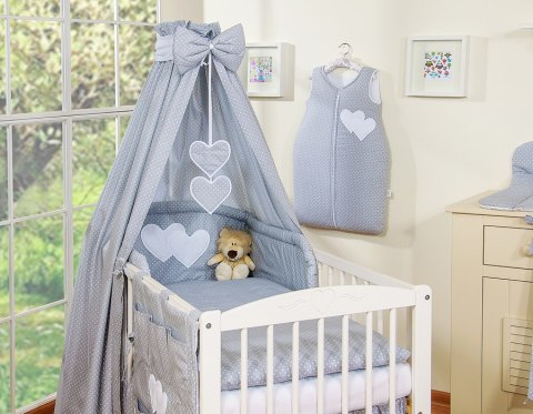 Pościel 5-cz 120x90 z baldachimem - Wiszące Serduszka kropki na szarym