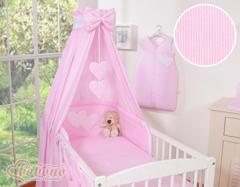 Pościel 5-cz 120x90 z baldachimem - Wiszące Serduszka paseczki różowe