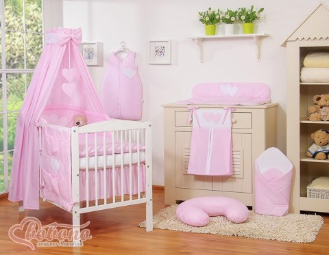 Pościel 5-cz 120x90 z baldachimem - Wiszące Serduszka paseczki różowe