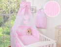 Pościel 5-cz 120x90 z baldachimem - Wiszące Serduszka paseczki różowe