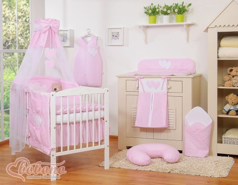 Pościel 5-cz 120x90 z baldachimem - Wiszące Serduszka paseczki różowe