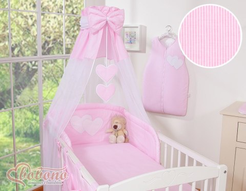 Pościel 5-cz 120x90 z baldachimem - Wiszące Serduszka paseczki różowe