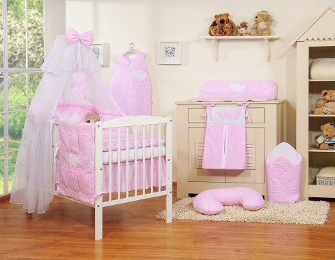 Pościel 5-cz z moskitierą- Wiszące Serduszka białe grochy na różowym