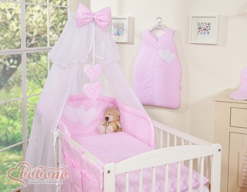 Pościel 5-cz z moskitierą- Wiszące Serduszka białe grochy na różowym