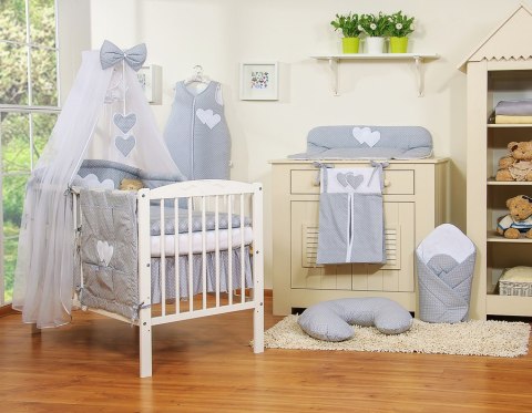 Pościel 5-cz z moskitierą - Wiszące Serduszka kropki na szarym