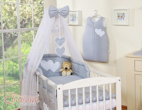 Pościel 5-cz z moskitierą - Wiszące Serduszka kropki na szarym