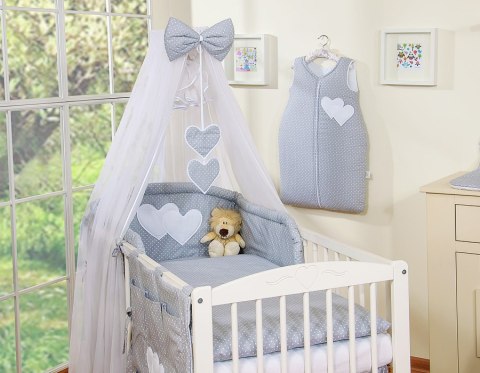 Pościel 5-cz z moskitierą - Wiszące Serduszka kropki na szarym