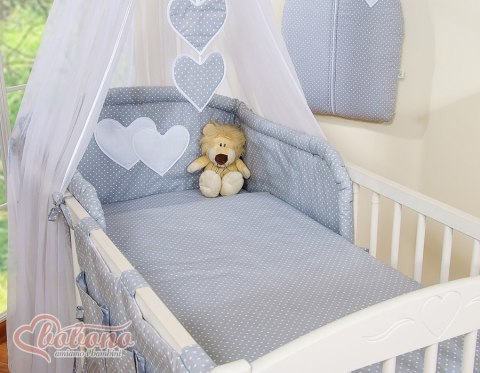 Pościel 5-cz z moskitierą - Wiszące Serduszka kropki na szarym